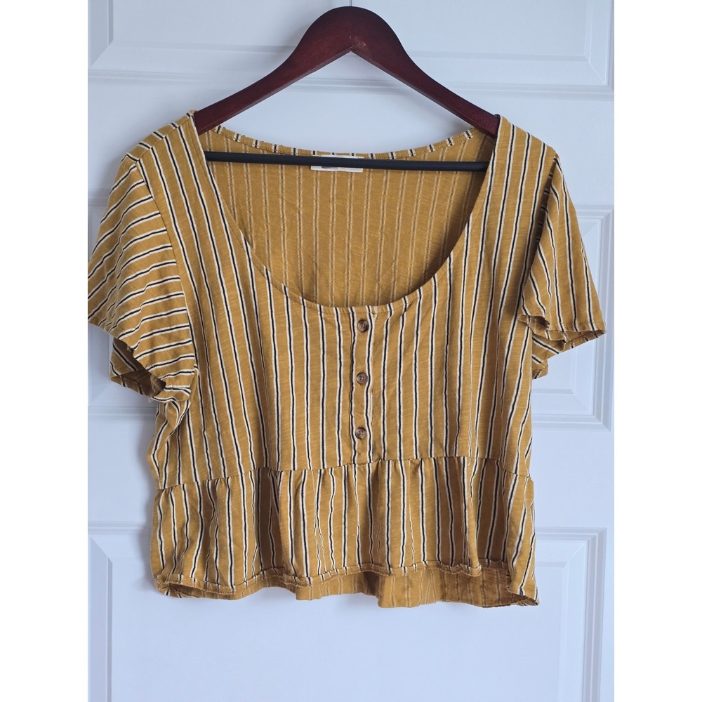 Natural by Known Supply Mustard Yellow Striped Peplum Crop Top Large